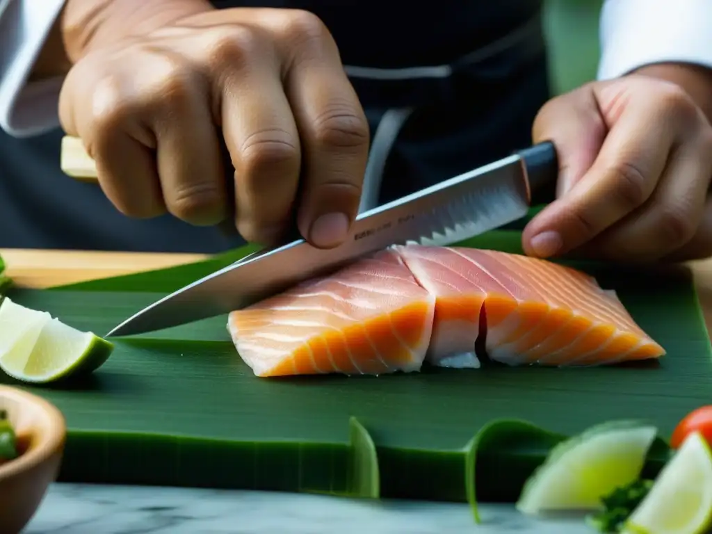 Un chef cortando con precisión pescado sashimi para ceviche nikkei