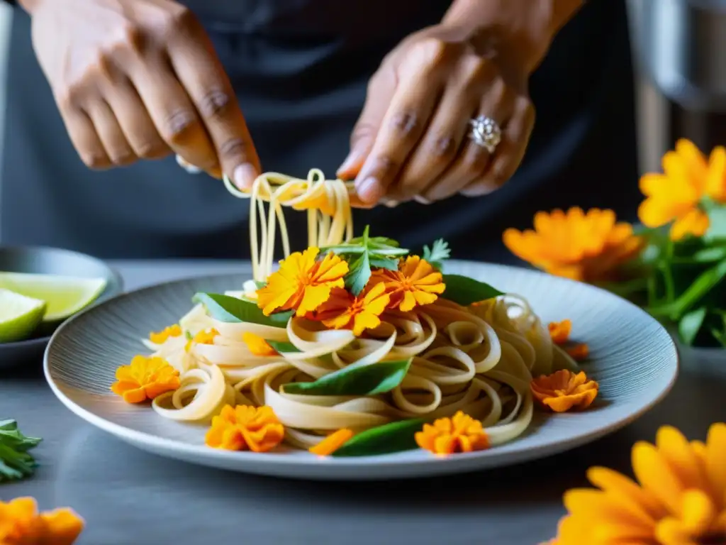 Chef coloca pétalos de caléndula en plato de Pad Thai vegetariano con influencia culinaria budismo hinduismo IndoChinas