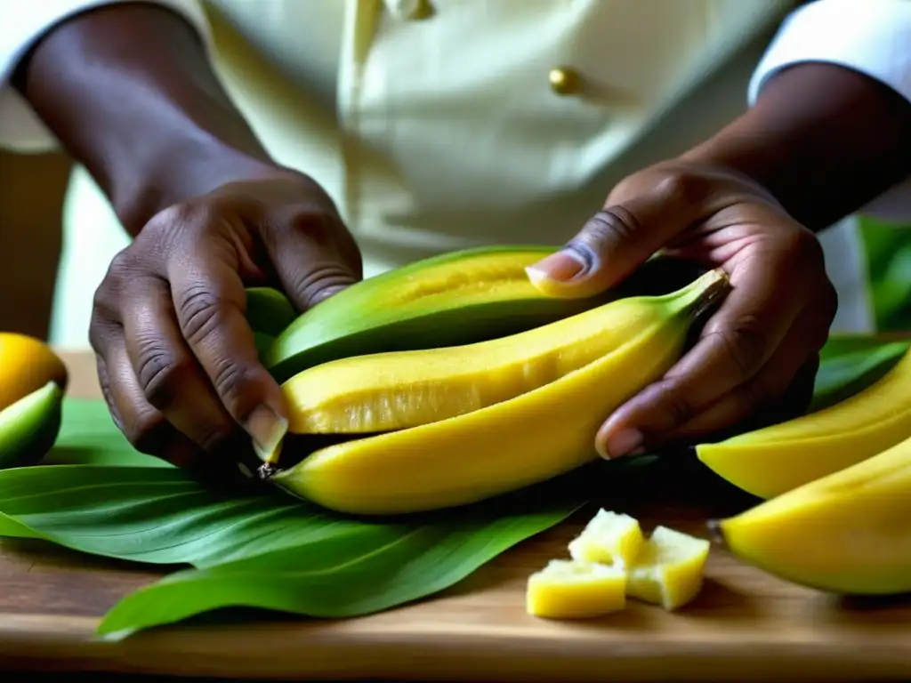 Chef pelando un plátano maduro con destreza, resaltando texturas y colores
