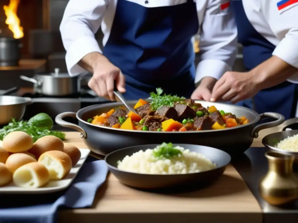 Un chef francés elabora un platillo ruso en una cocina bulliciosa, mostrando la influencia gastronómica francesa en Rusia