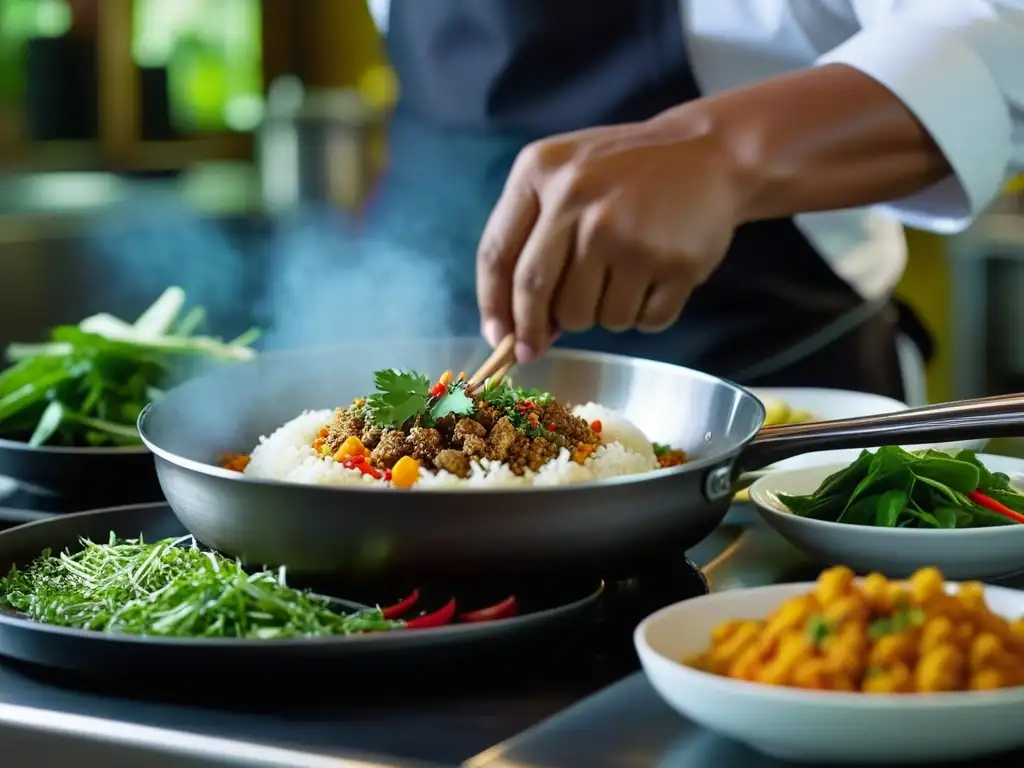 Un chef Mon prepara un platillo tradicional en una animada cocina tailandesa