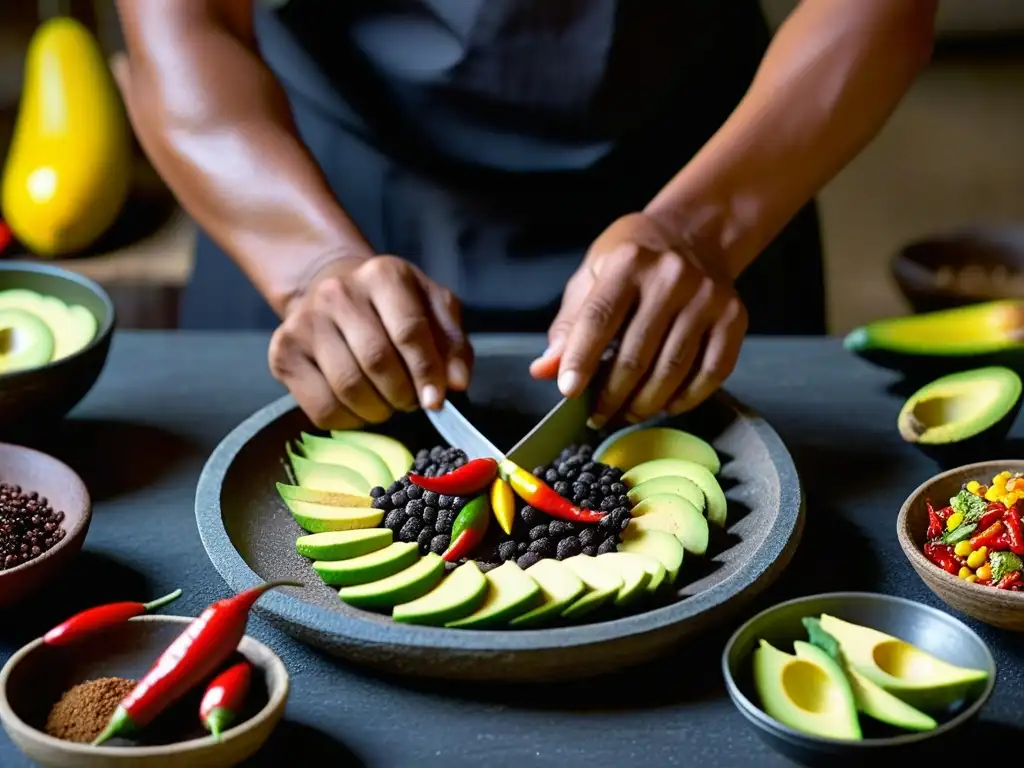 Chef preparando platillos de Cocina prehispánica en Mesoamérica con ingredientes vibrantes y utensilios antiguos