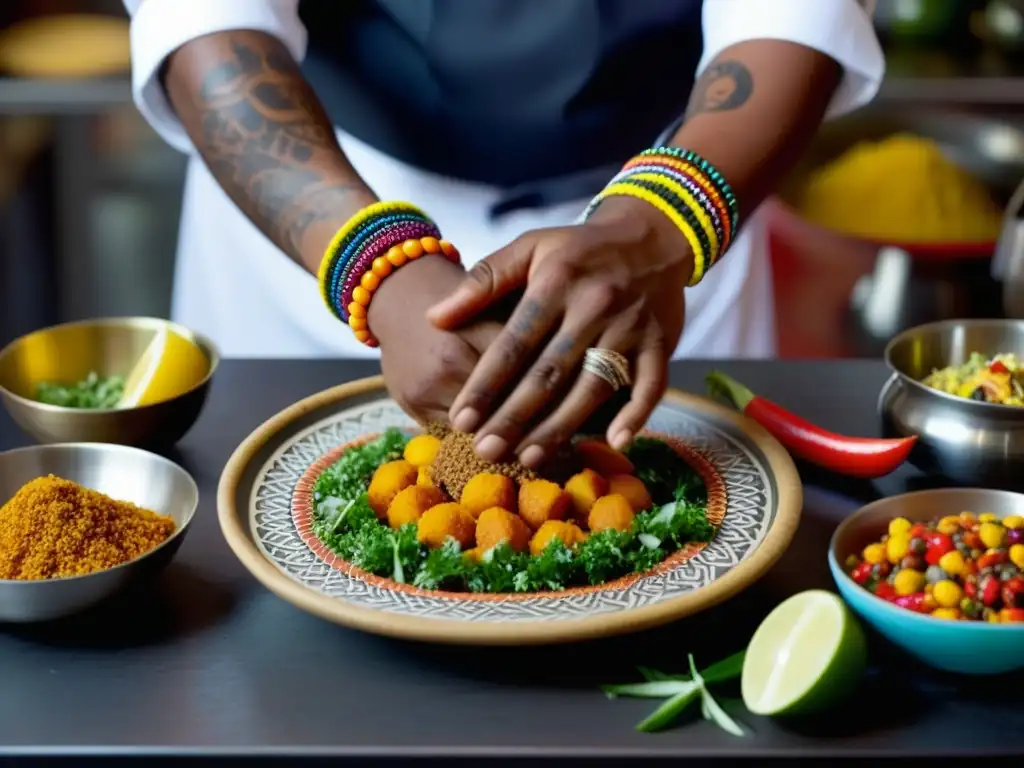 Un chef preparando un plato africano detalladamente, mostrando ingredientes, utensilios y técnicas culinarias