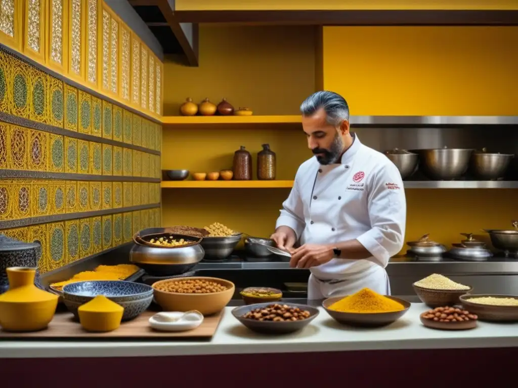 Exquisita fusión culinaria en cocina Al-Ándalus: tradición y creatividad Un chef prepara un plato AlÁndalus con influencia Abásida, en una cocina tradicional ricamente decorada