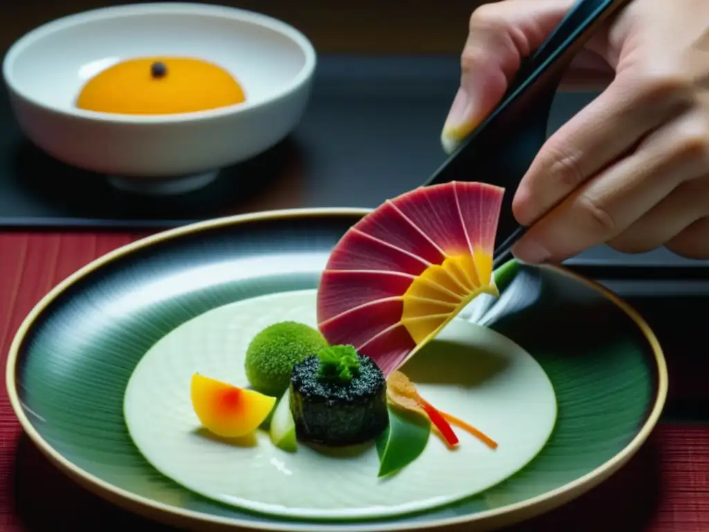 Un chef japonés hábil crea un plato de Kaiseki contemporáneo con precisión y arte