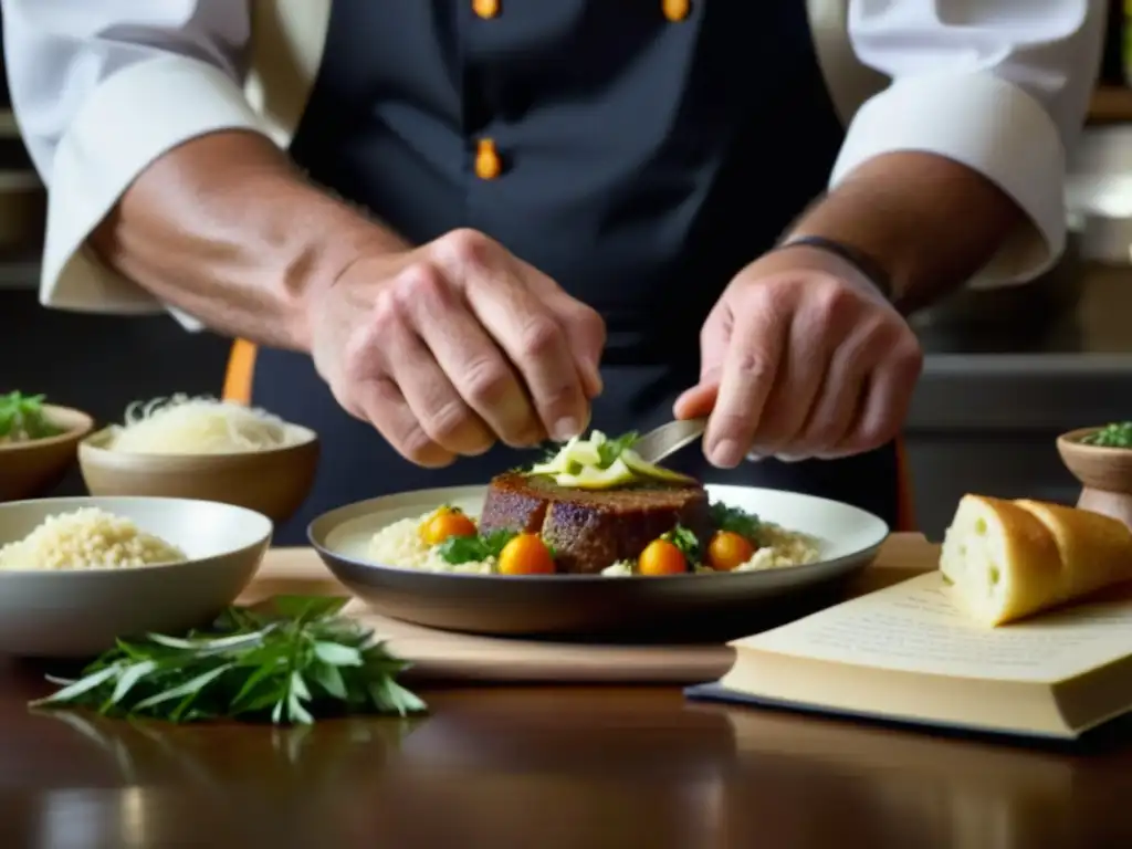 El chef elabora un plato australiano con técnicas ancestrales, rodeado de recetas históricas y ingredientes autóctonos