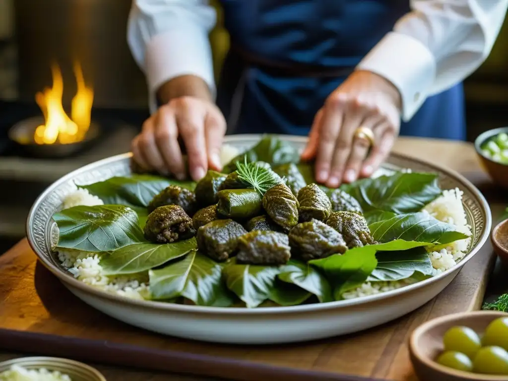 Un chef prepara meticulosamente un plato bizantino en una cocina histórica: influencia griega en la cocina bizantina