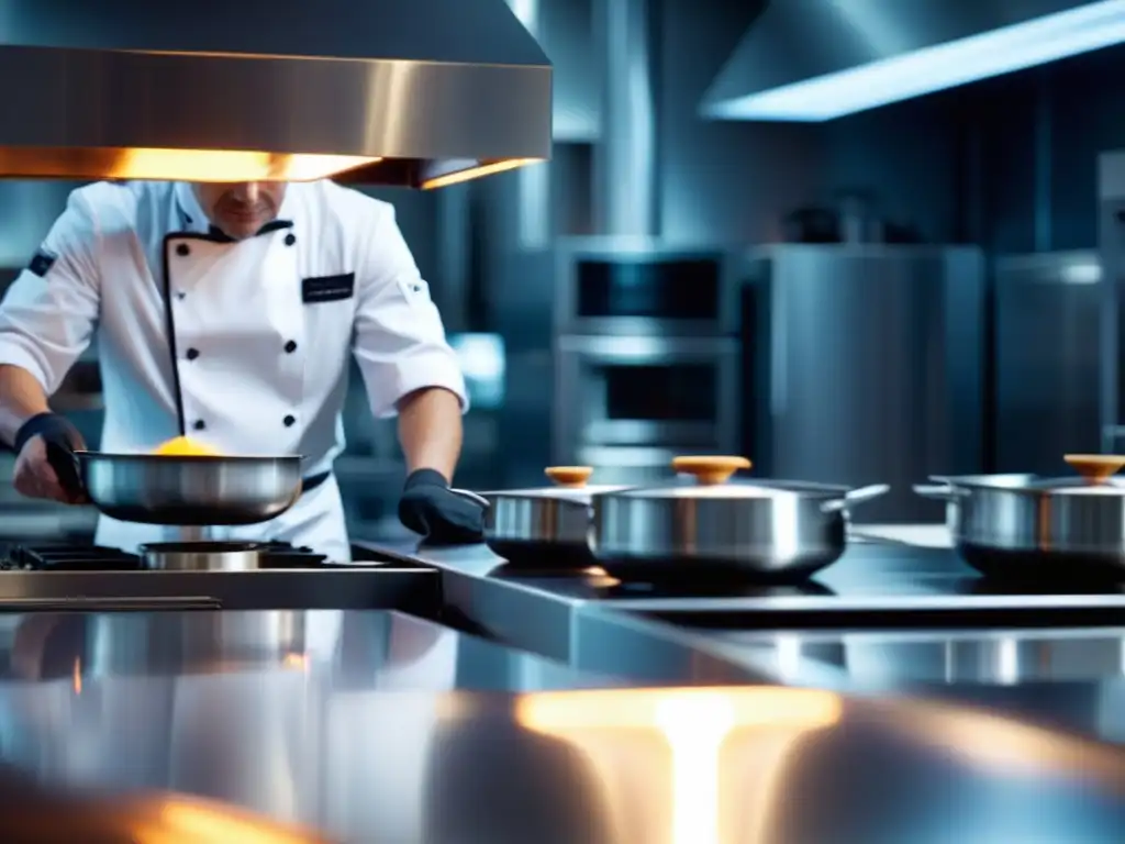 Un chef prepara plato en cocina industrial futurista, fusionando tecnología y arte culinario