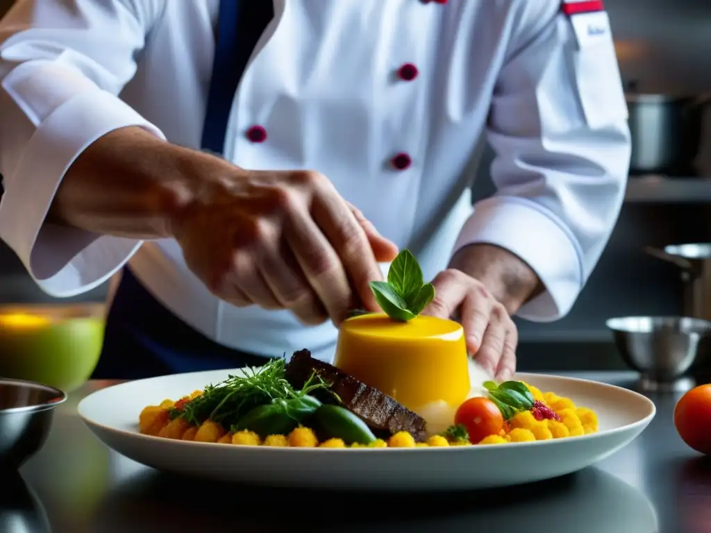 Maestría culinaria: chef crea plato delicado en cocina moderna Chef creando plato delicado en cocina moderna, reflejando arte culinario con impacto gastronomía revolución francesa