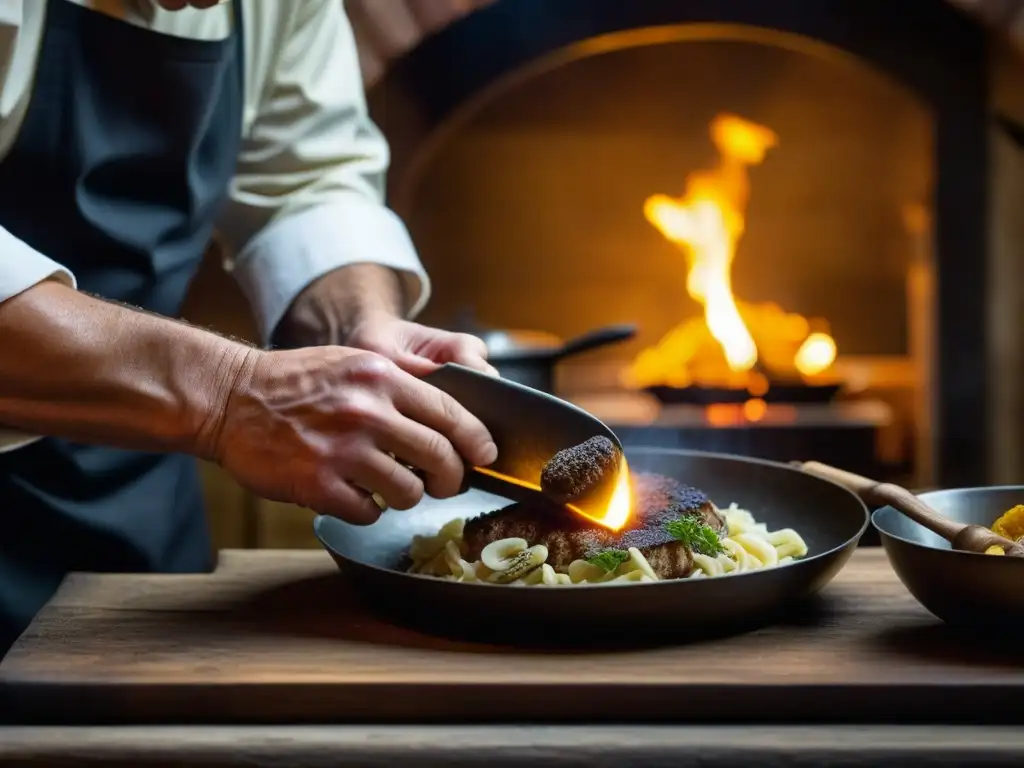 Un chef elabora con maestría un plato histórico en una cocina rústica y tenue