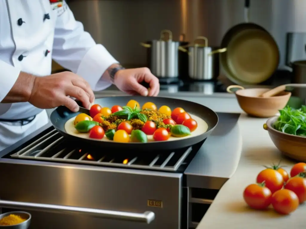 Un chef preparando plato histórico con ingredientes frescos, fusionando tradición e innovación