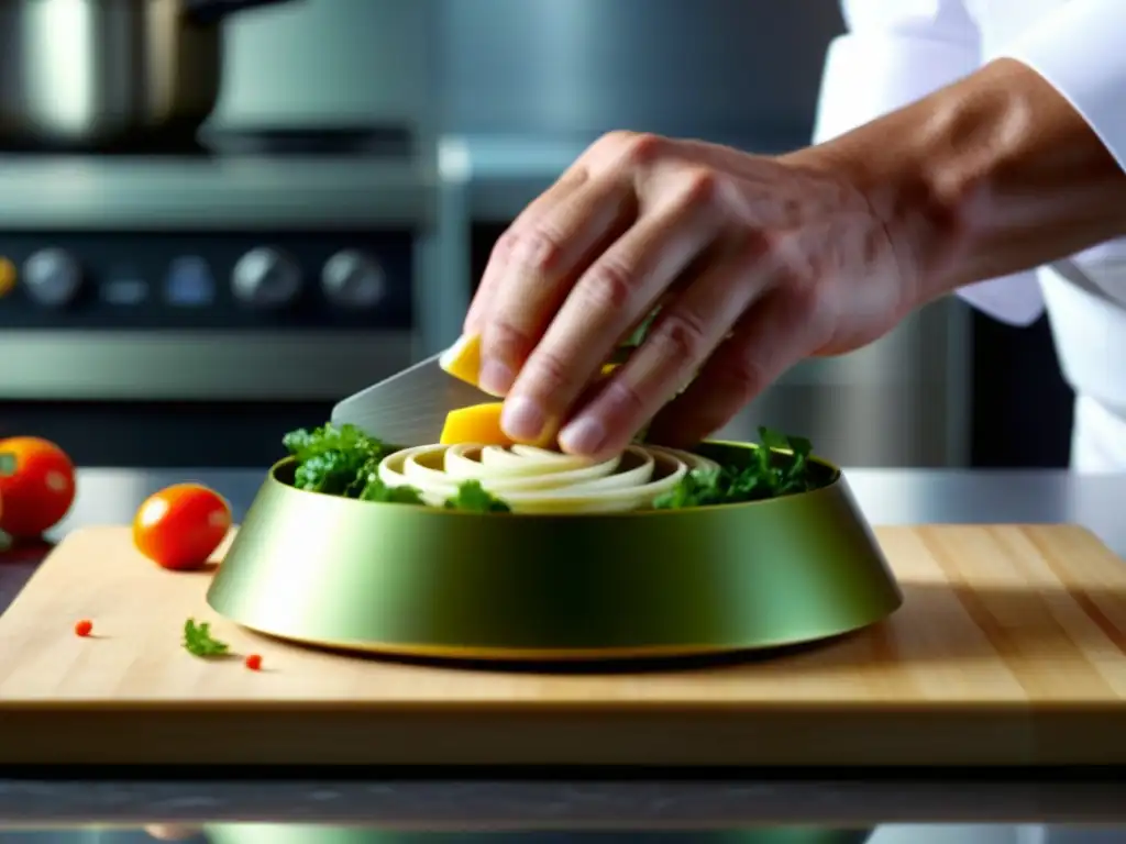 Un chef hábil preparando un plato histórico en gastronomía moderna con tecnología y tradición culinaria