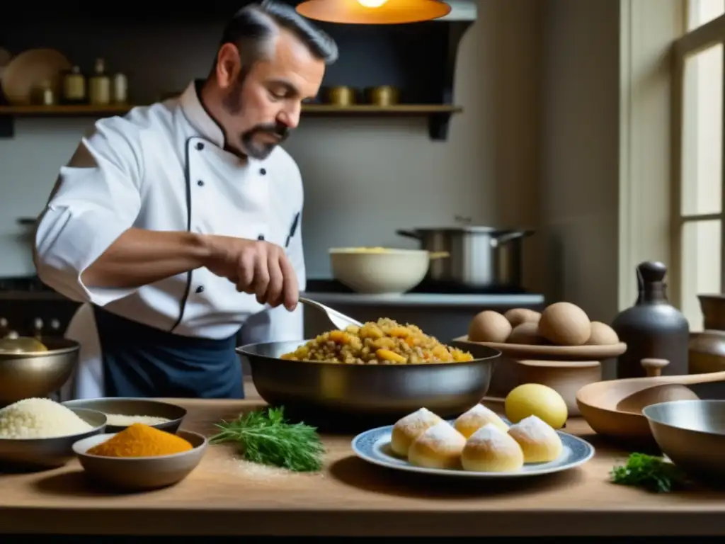 Un chef crea un plato con ingredientes limitados en una cocina histórica