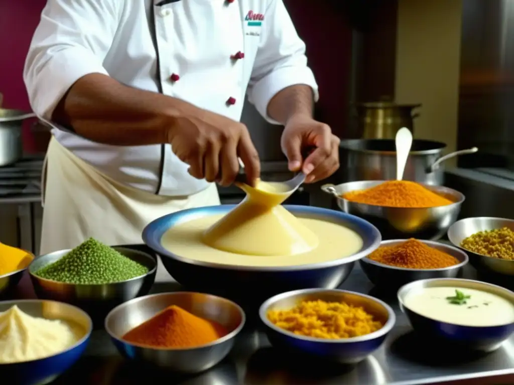 Chef Mughal preparando plato lácteo con esmero en cocina bulliciosa