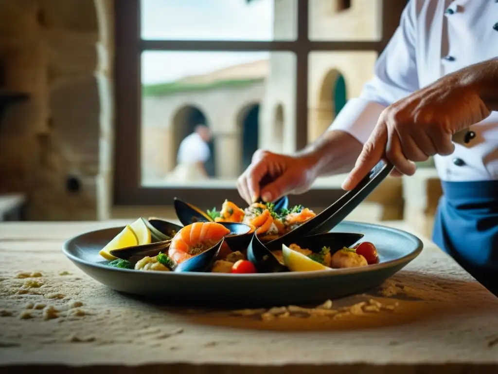 Un chef preparando un plato de mariscos romano en Pompeya