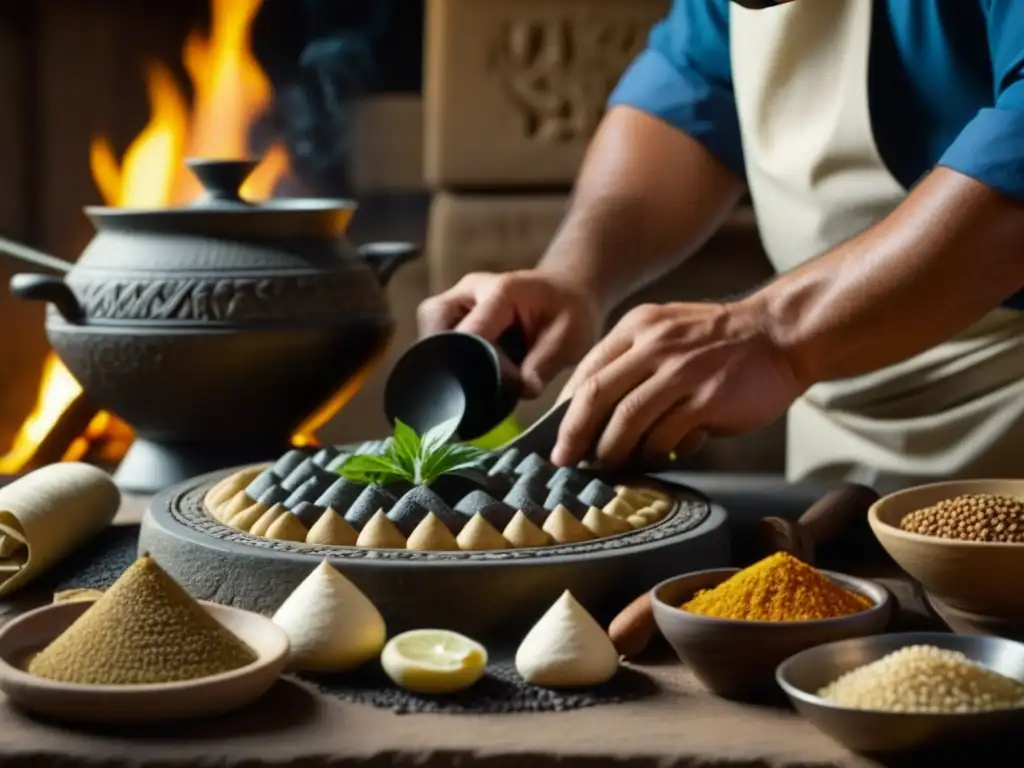 Chef preparando plato mesopotámico rodeado de artefactos históricos y ingredientes en macro, fusionando gastronomía e historia