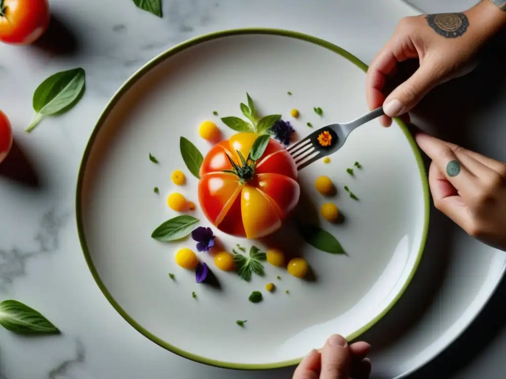 Un chef plantea un plato moderno con ingredientes vibrantes en una placa blanca