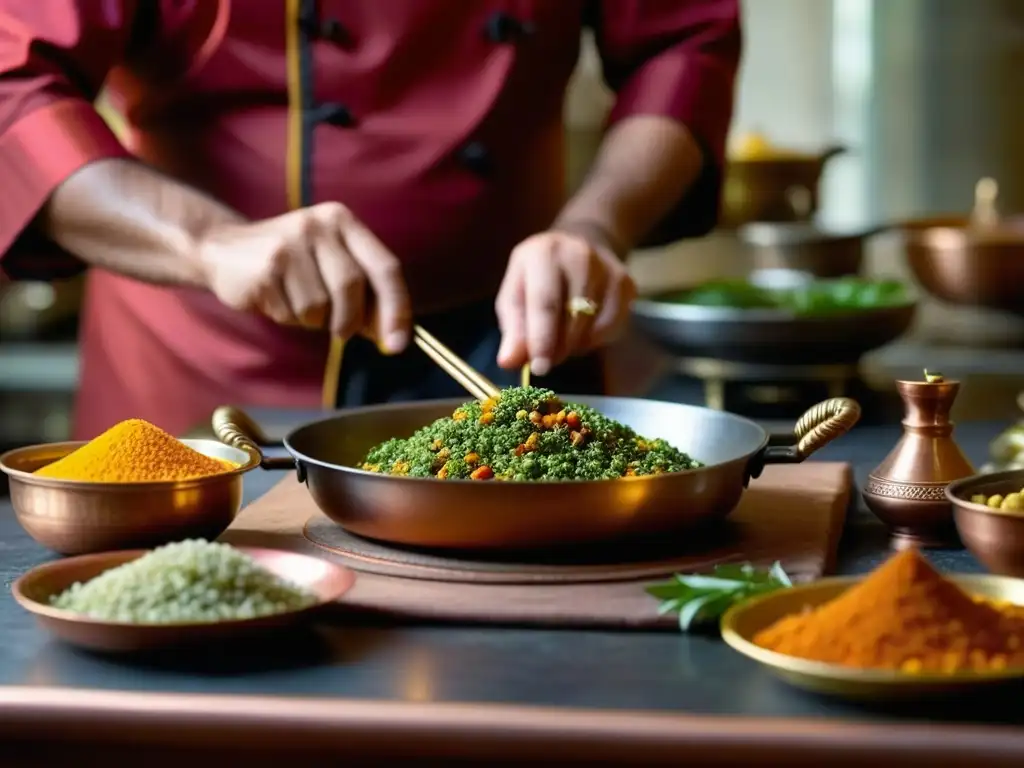 Un chef preparando un plato Mughal en una cocina histórica de la India con precisión y colores vibrantes