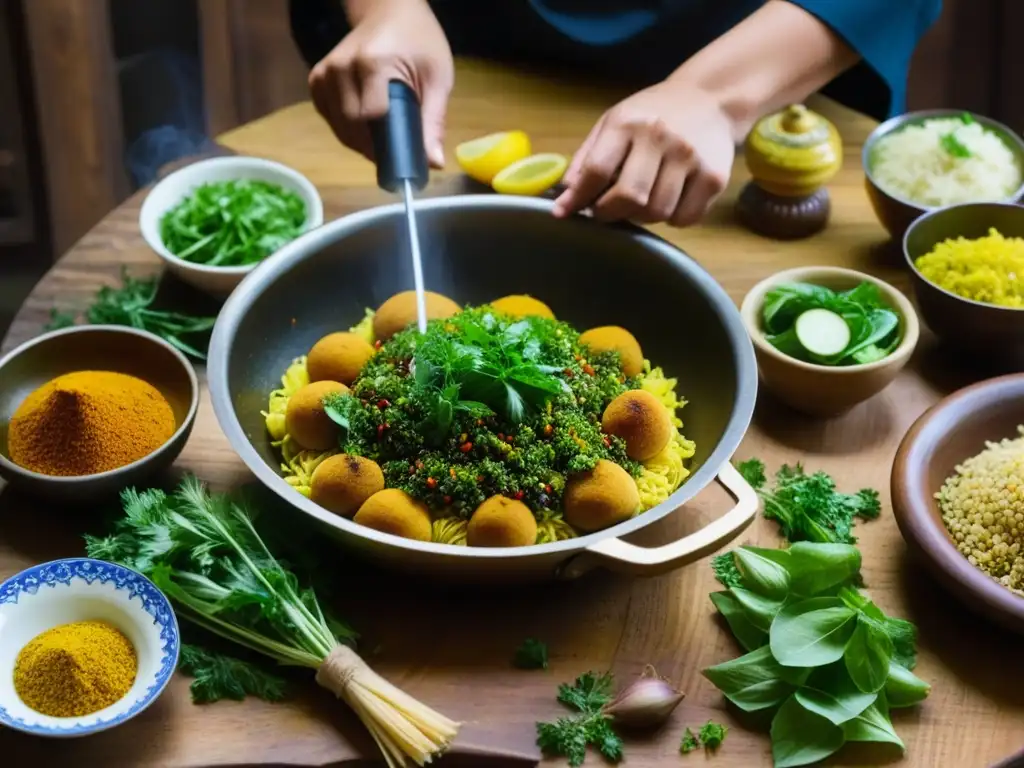 Un chef prepara un plato persa en una cocina tradicional iraní, mostrando detalles de la Revolución Islámica cocina iraní