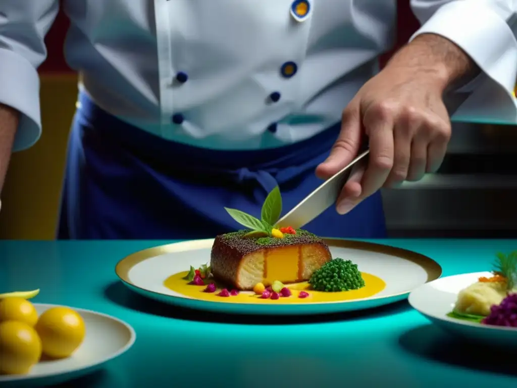 Chef creando obra maestra culinaria Un chef plato un plato colorido e intrincado, fusionando arte y gastronomía con impacto en la revolución francesa