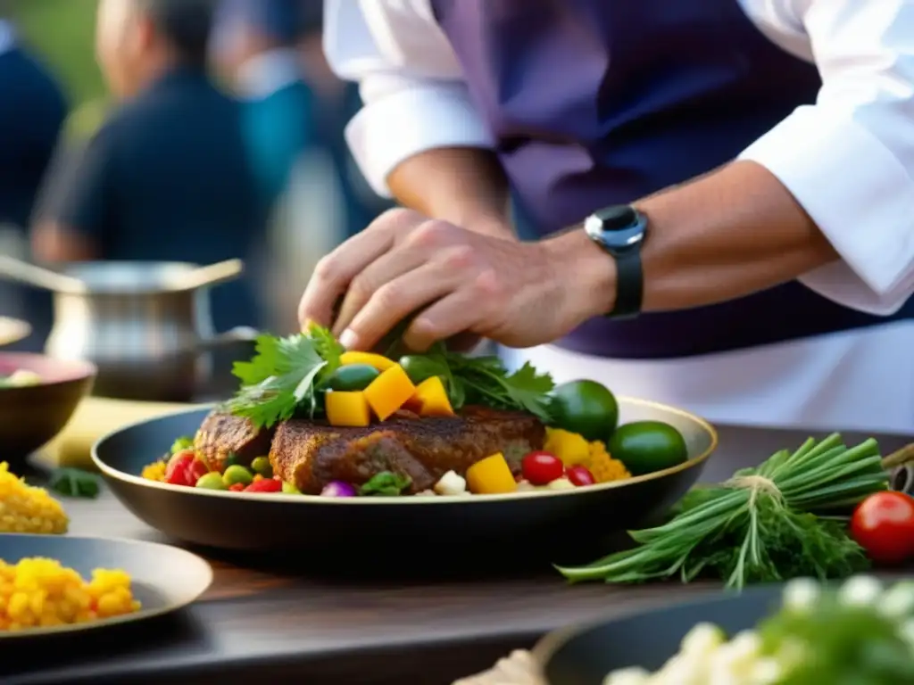 Un chef prepara un plato tradicional en una celebración local, mostrando la influencia de celebraciones en cocina