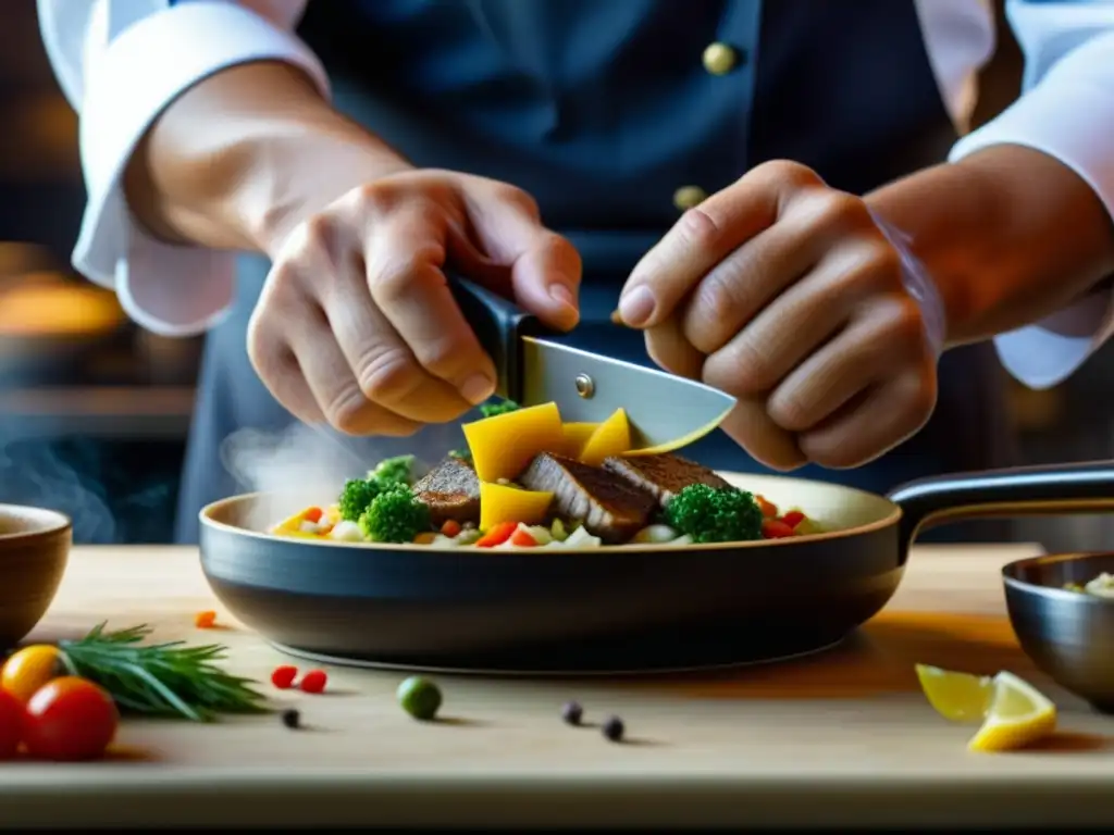 Un chef preparando un plato tradicional con destreza, detalle y pasión, evocando cultura culinaria