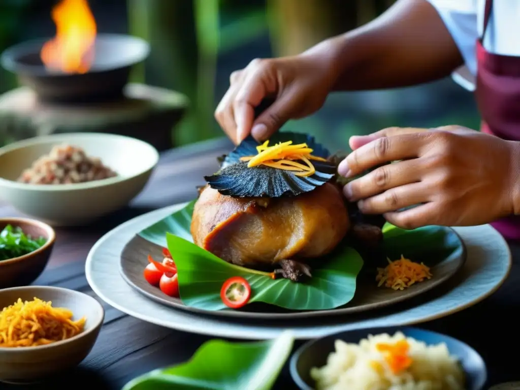 Un chef balinés sazona con maestría un plato tradicional de Babi Guling, mostrando recetas históricas de Bali