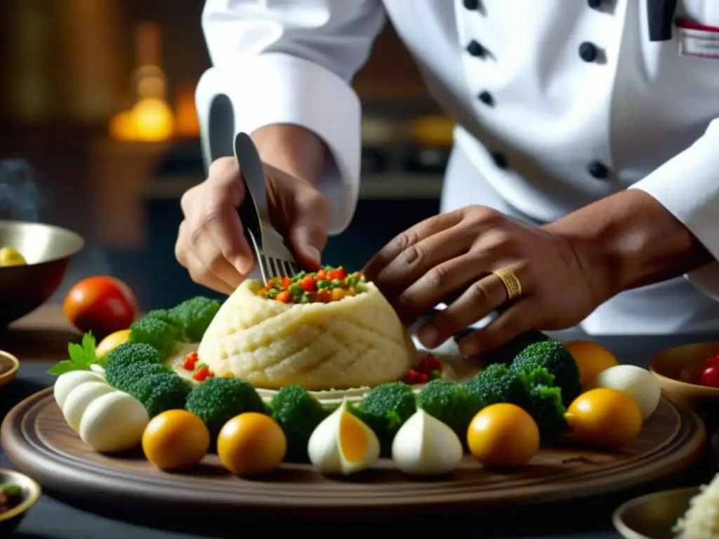 Chef preparando plato tradicional que encarna historia y transformación culinaria, con ingredientes meticulosamente dispuestos