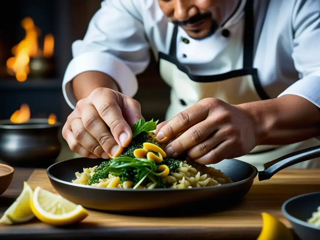 Artesanía culinaria: el chef que preserva tradiciones Un chef preparando platos históricos culturalmente relevantes con destreza y amor en una cocina bulliciosa