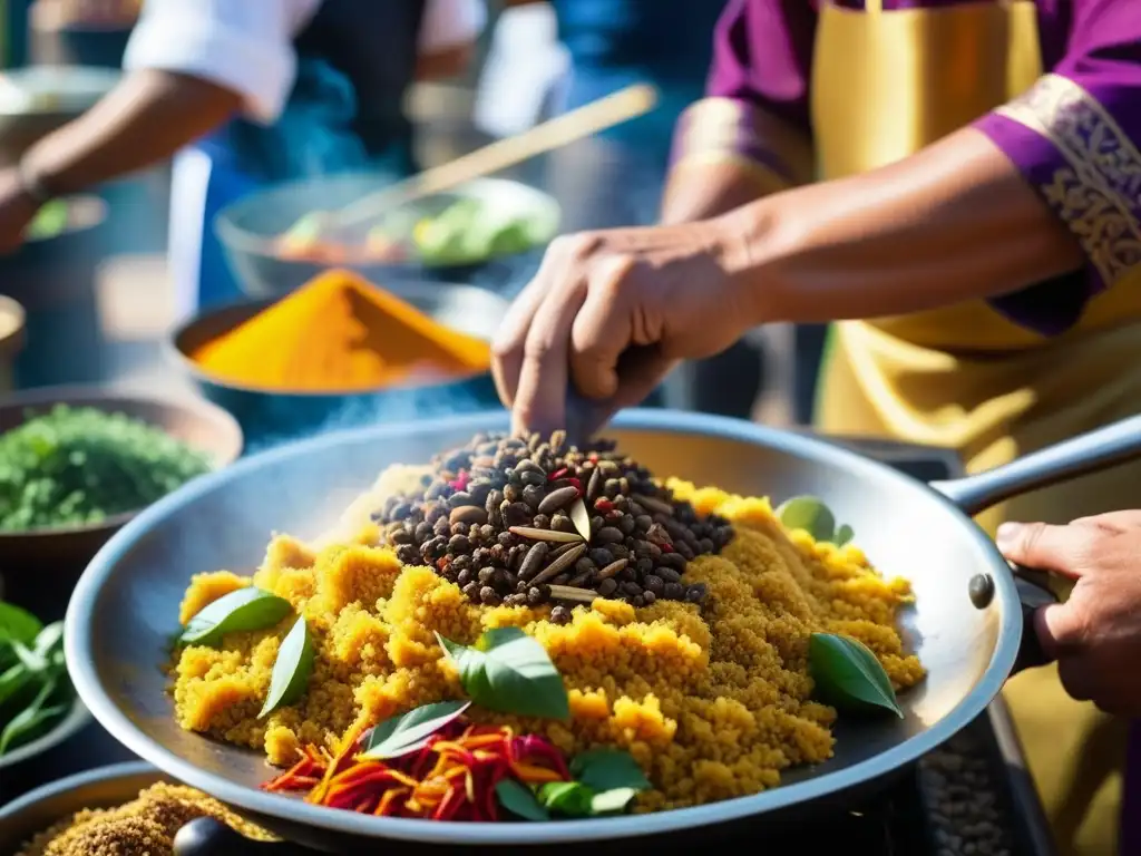 Un chef prepara platos históricos de la Ruta de la Seda en un mercado bullicioso, mezclando especias aromáticas con destreza