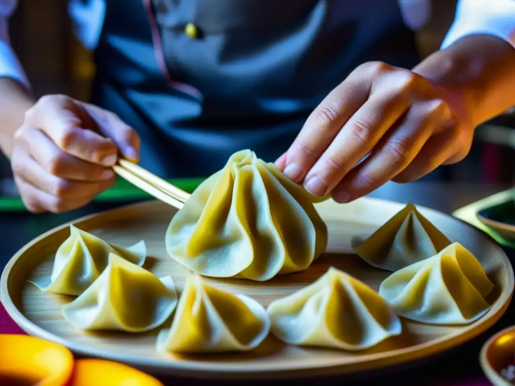 Un chef hábil crea pliegues en un dumpling Xi'an, mostrando la artesanía y la historia detrás de las Recetas históricas de la Ruta de la Seda