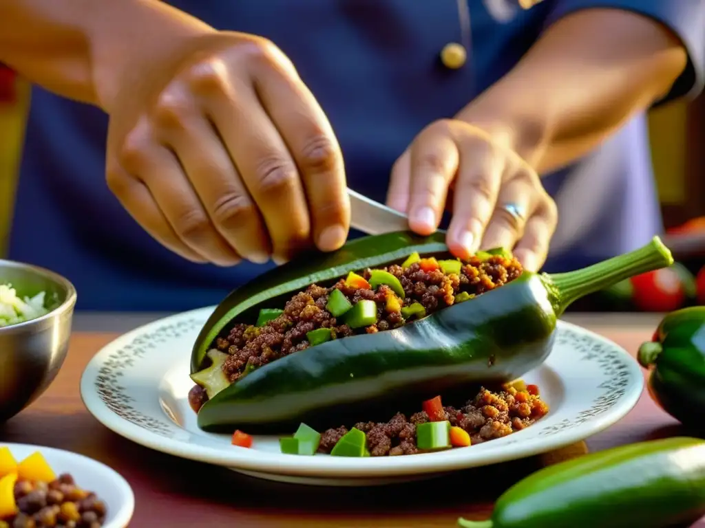 Un chef rellena un chile poblano con picadillo en cocina mexicana