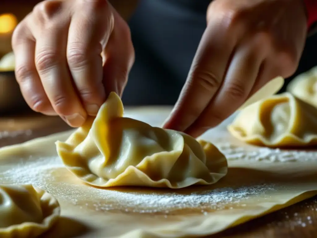 Chef polaco experto en historia Pierogi cultura polaca, detallando la creación artesanal de un pierogi con relleno delicioso