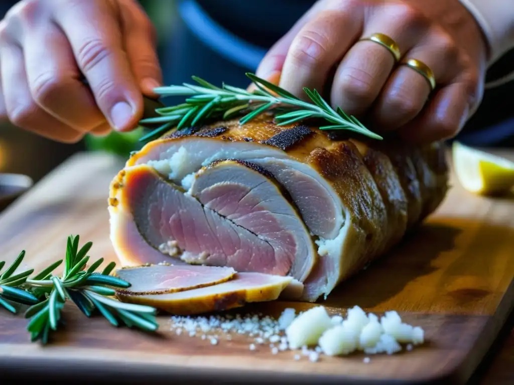 Un chef sazona una porchetta romana con métodos tradicionales para curar carnes