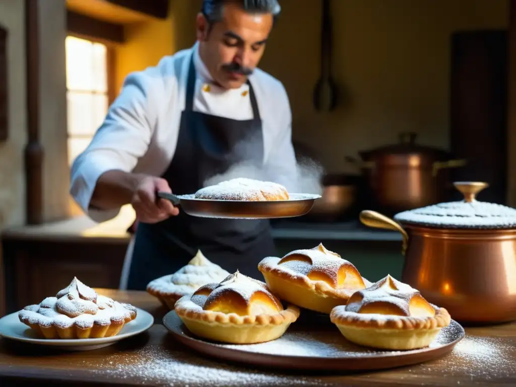 Un chef portugués experto elaborando dulces tradicionales en una cocina histórica, destacando la esencia de 'Origen y evolución de dulces portugueses'