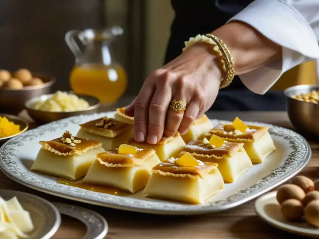 Un chef elabora un postre austrohúngaro con detalle, en un escenario vintage