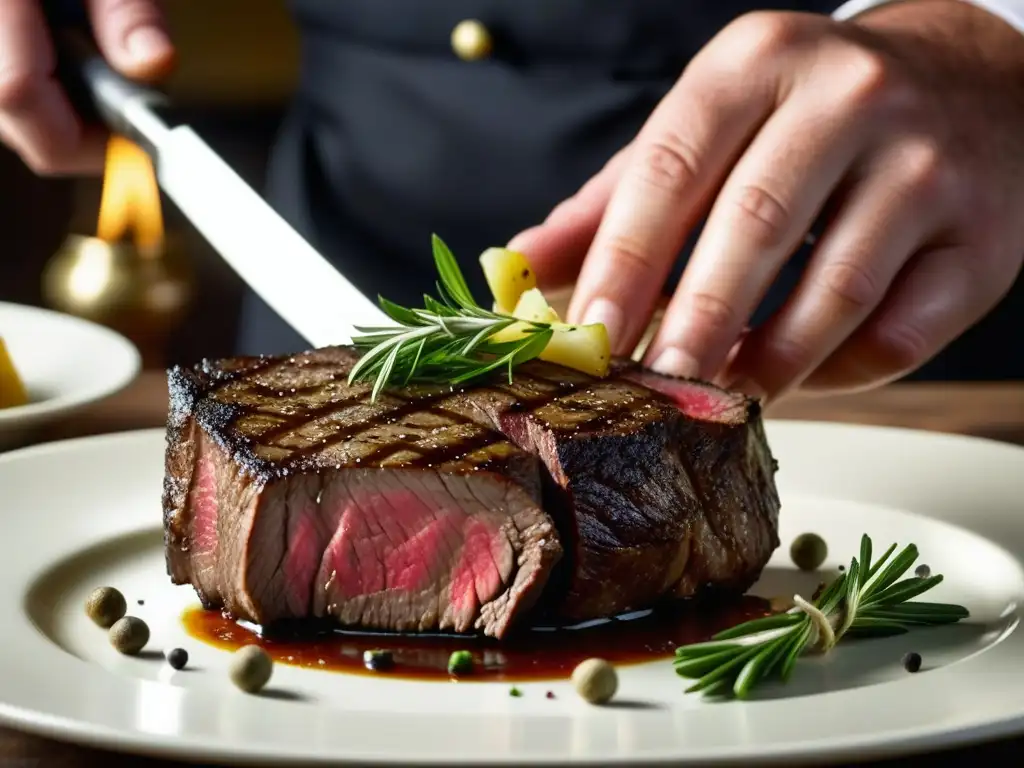 Un chef sazona con precisión una carne renacentista, destacando técnicas culinarias