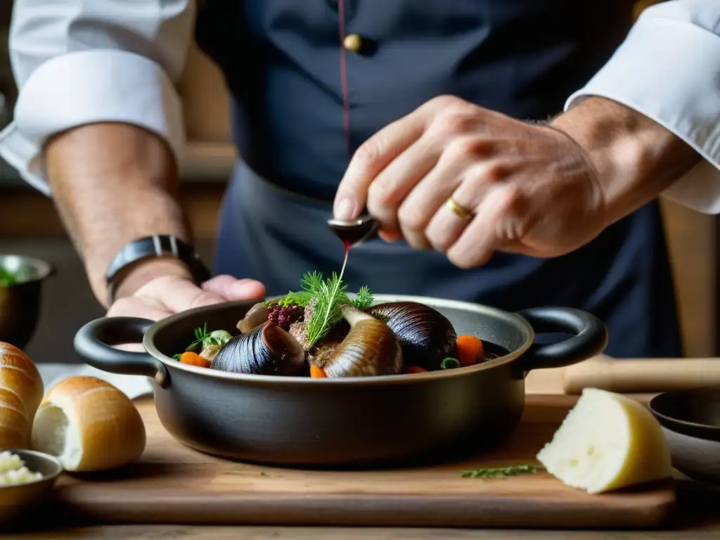 Chef francés preparando Coq au Vin: precisión culinaria postRevolution Un chef francés prepara con precisión un Coq au Vin en una cocina rústica, mostrando el impacto de la revolución en la gastronomía francesa