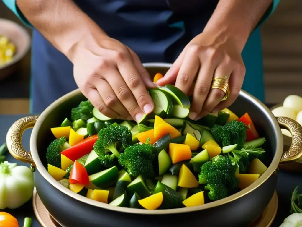 Un chef hábil prepara con precisión una dieta vegetariana Mughal, colocando verduras frescas en una olla ornamental