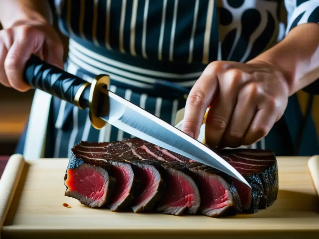 Un chef samurái corta con precisión un filete de wagyu, mostrando destreza y arte culinario