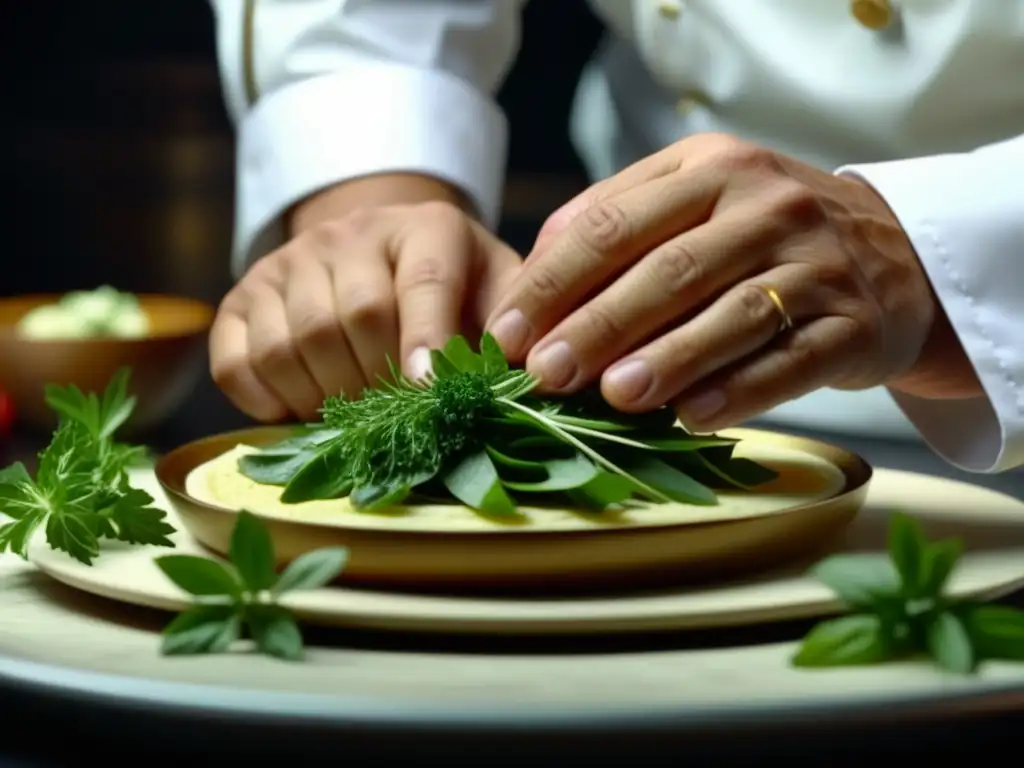 Un chef crea con precisión una obra de arte culinaria en alta resolución, mostrando la gastronomía histórica