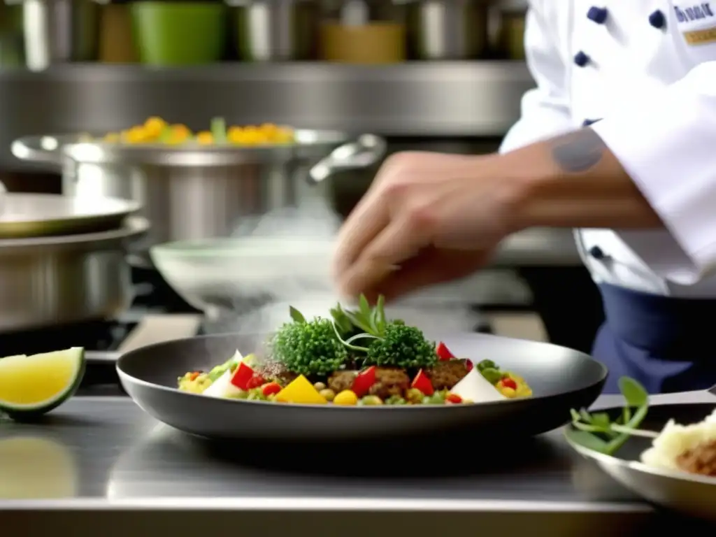 Un chef planteando con precisión un platillo, en un bullicioso ambiente de cocina