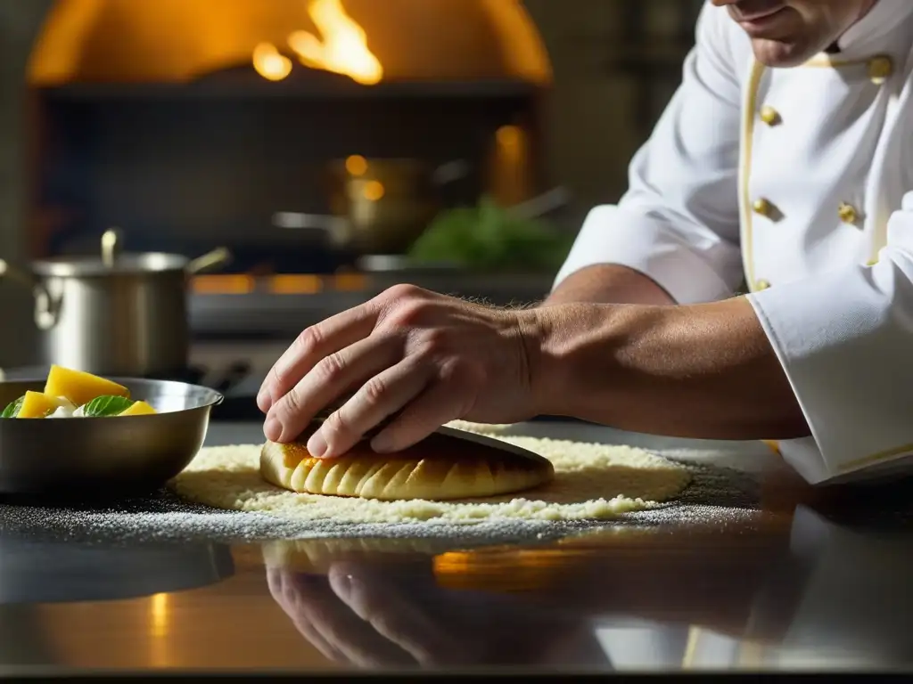 Un chef crea con precisión un platillo francés en una cocina tenue, mostrando la influencia de las Guerras Napoleónicas en la cocina francesa