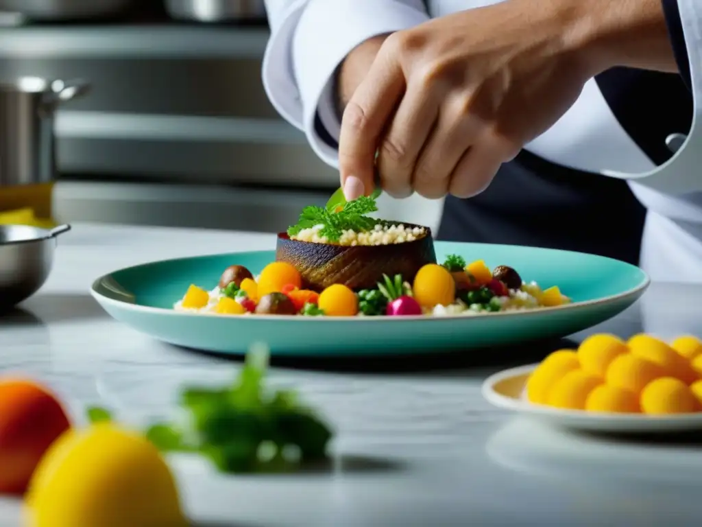 Un chef crea con precisión un plato en una cocina vibrante, destacando recetas históricas en la cultura gastronómica de diferentes épocas