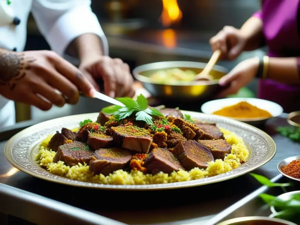 Un chef prepara con precisión un plato mughal, con especias vibrantes y un toque artístico