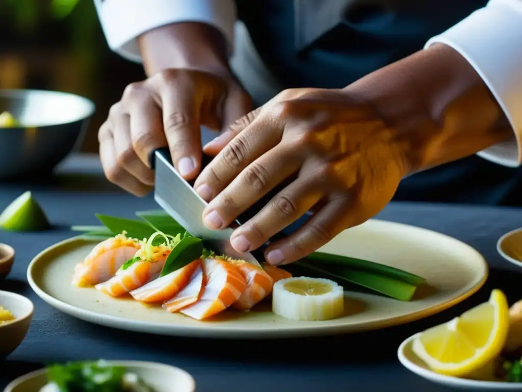 Un chef hábil prepara con precisión un plato tradicional del Pacífico, destacando recetas históricas de cocina Pacífico