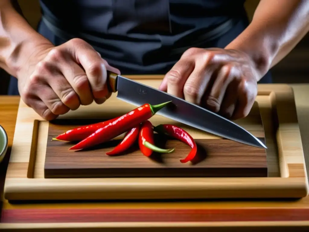 Un chef samurái cortando con precisión un chile rojo fresco, destacando la historia de los ingredientes en la cocina samurái