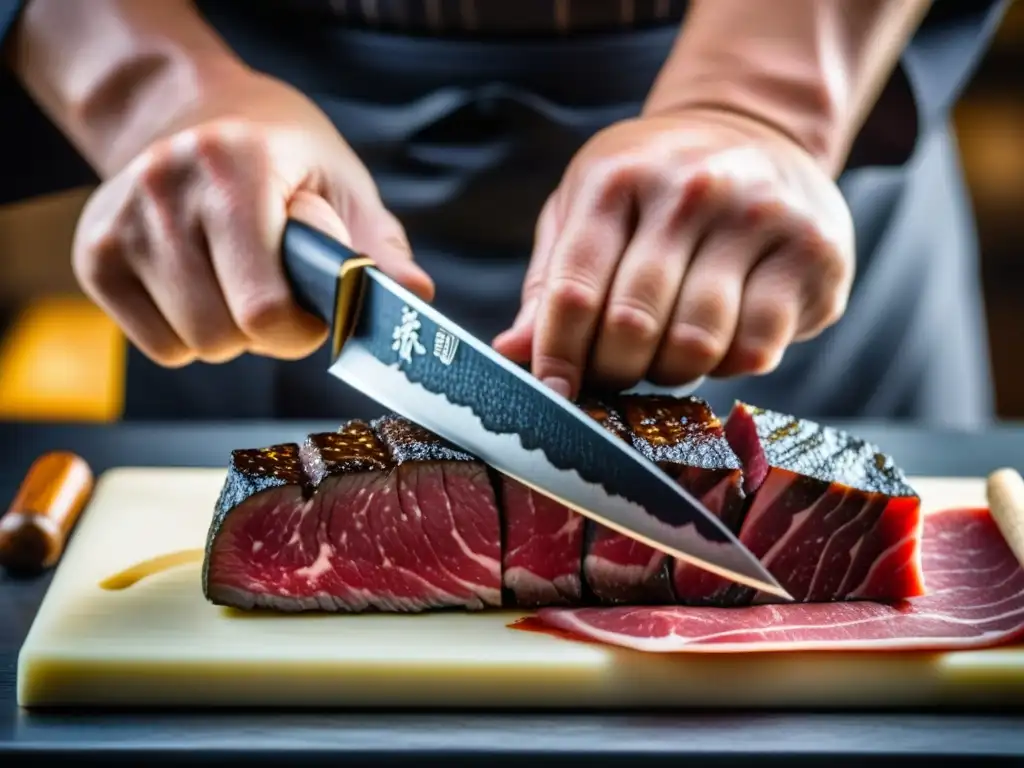 Chef samurái cortando Wagyu con katana: precisión y maestría Un chef samurái corta con precisión un suculento Wagyu con su katana
