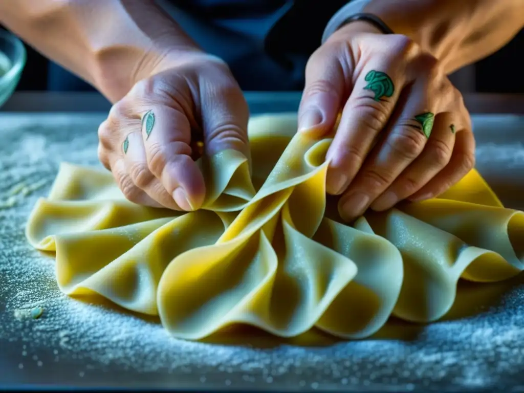 Chef moldeando raviolis en detalle, fusionando tradición e innovación