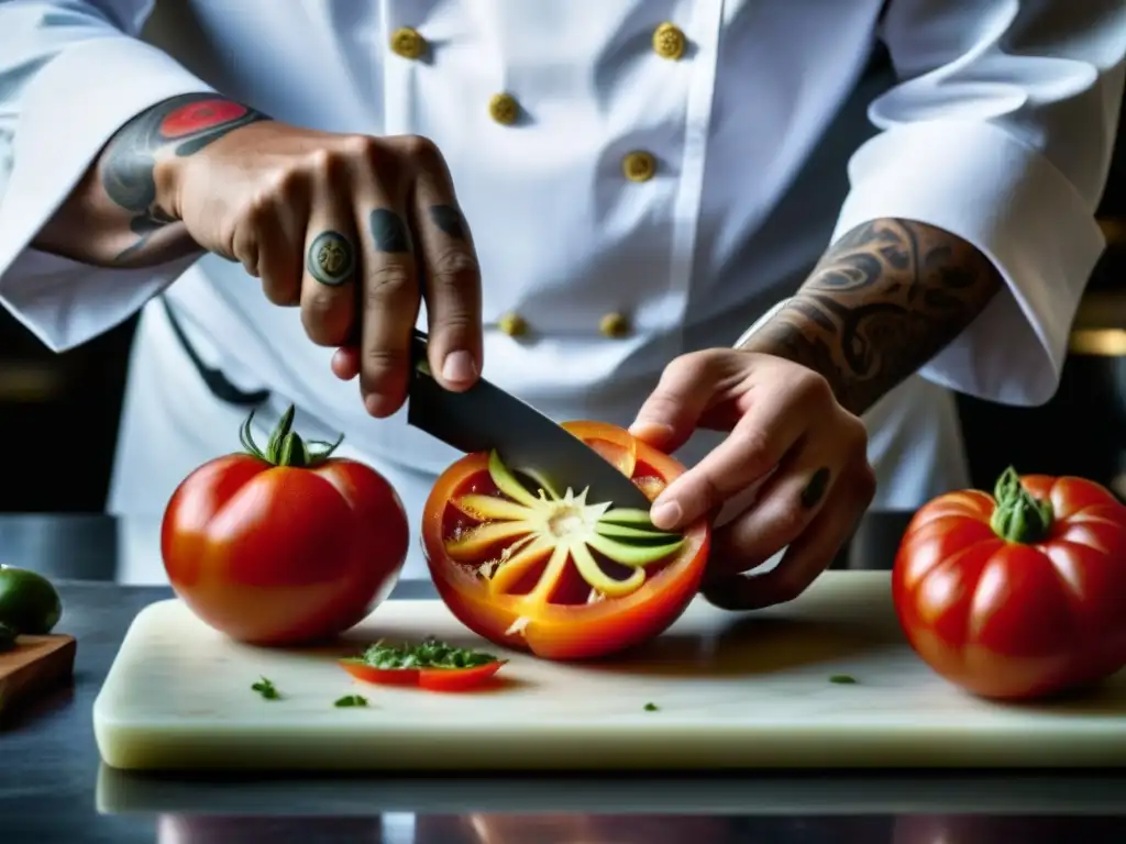 Un chef real corta con precisión un tomate maduro en una cocina palaciega, destacando la influencia de la realeza británica en la cocina internacional